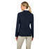 Woman wearing a navy riding jacket on a white background